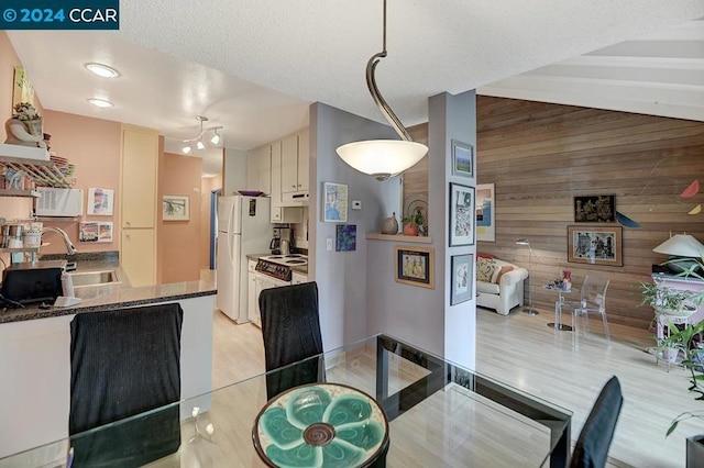 dining space featuring sink and wood walls