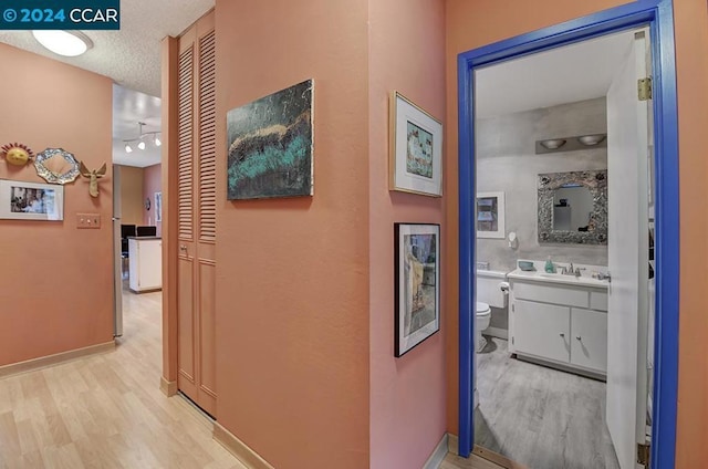 hall featuring light hardwood / wood-style floors, sink, and a textured ceiling