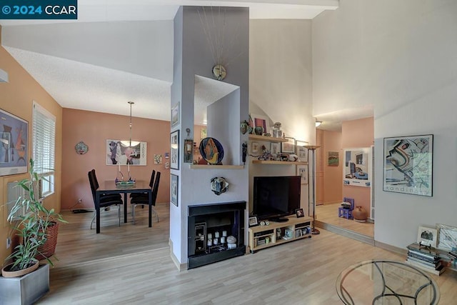 living room featuring hardwood / wood-style floors and lofted ceiling