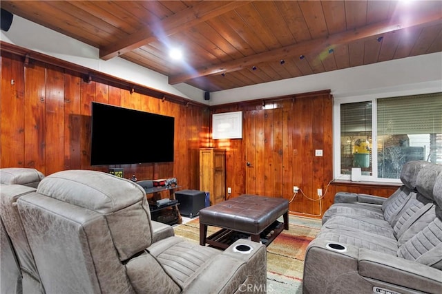 living room with wooden ceiling, wooden walls, and beamed ceiling