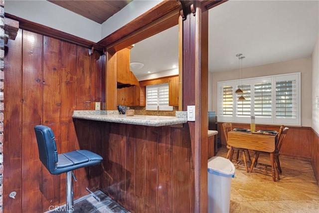 bar featuring pendant lighting and wooden walls