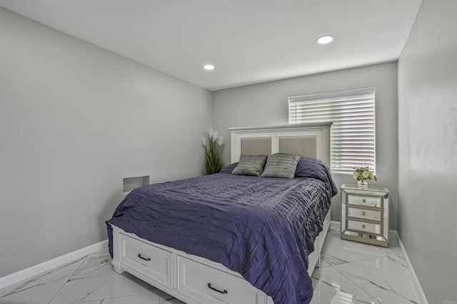 bedroom with recessed lighting, baseboards, and marble finish floor