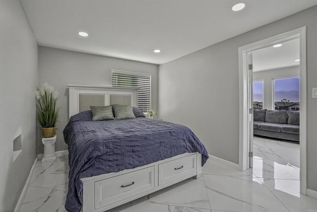 bedroom with recessed lighting, marble finish floor, and baseboards