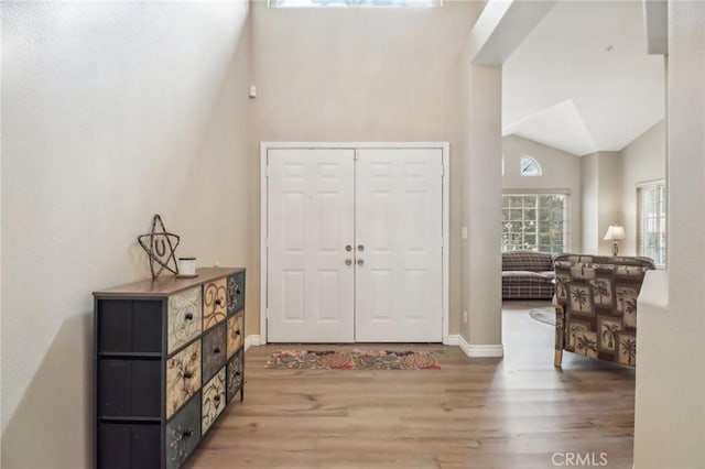 foyer entrance with high vaulted ceiling and wood-type flooring