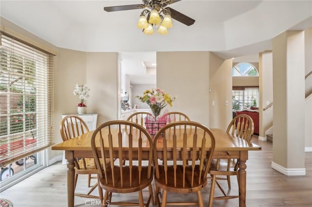 dining space featuring light wood-type flooring and ceiling fan