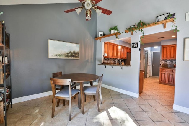 tiled dining room featuring ceiling fan and sink