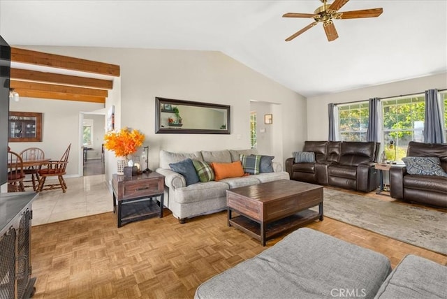 living room featuring light parquet flooring, lofted ceiling, and ceiling fan