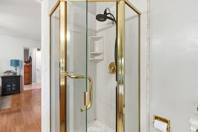 bathroom with walk in shower and hardwood / wood-style floors