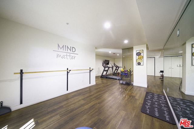 exercise room with dark hardwood / wood-style flooring