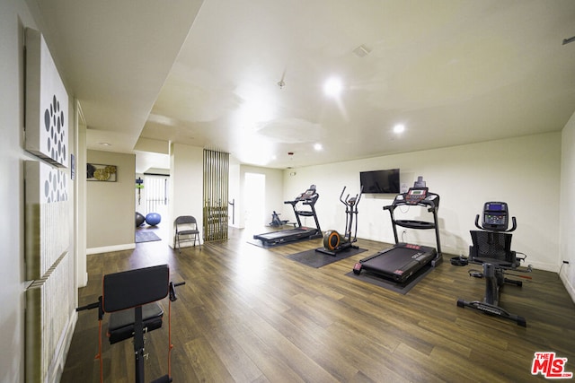 workout area featuring dark hardwood / wood-style floors