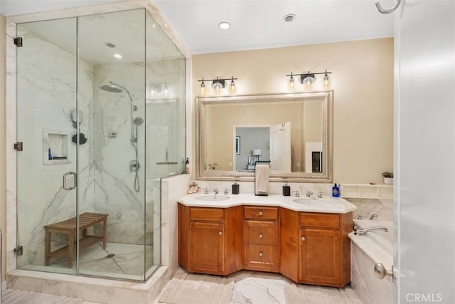 2308 S Ola Vis, San Clemente, CA 92672 - full bath with double vanity, a marble finish shower, a sink, and marble finish floor