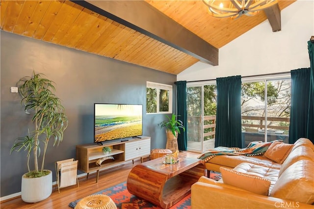 living room with wood ceiling, beamed ceiling, high vaulted ceiling, a notable chandelier, and hardwood / wood-style flooring