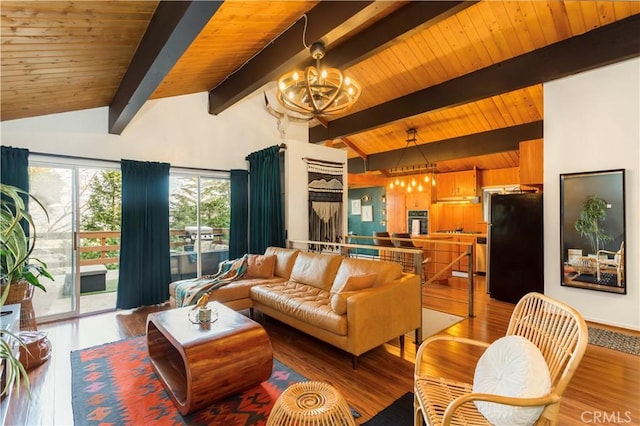 living room featuring a notable chandelier, wood ceiling, light hardwood / wood-style flooring, and lofted ceiling with beams