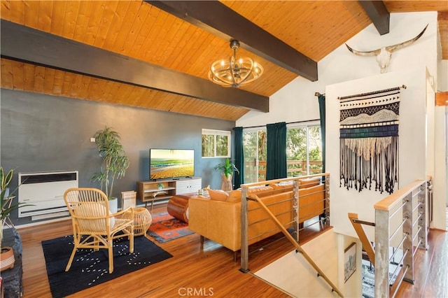 living room featuring heating unit, beamed ceiling, a chandelier, and hardwood / wood-style floors