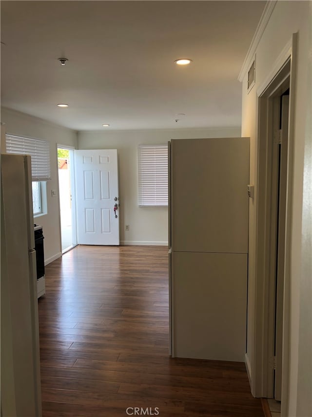 hallway with dark wood-type flooring