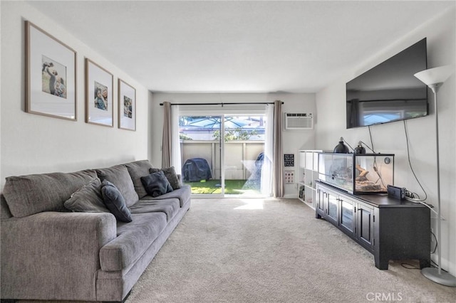 living room featuring light colored carpet and a wall mounted air conditioner