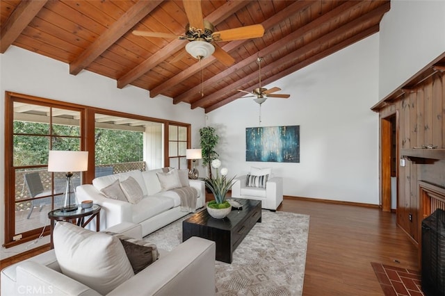 living room with beamed ceiling, wooden ceiling, dark hardwood / wood-style floors, and high vaulted ceiling