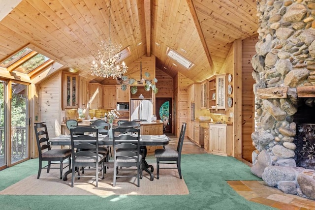 unfurnished dining area with wooden ceiling, a skylight, and wood walls