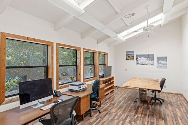 office with hardwood / wood-style flooring, ceiling fan, and vaulted ceiling with beams