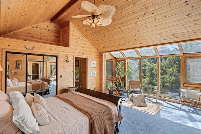 bedroom with wood walls, high vaulted ceiling, wooden ceiling, carpet floors, and beam ceiling