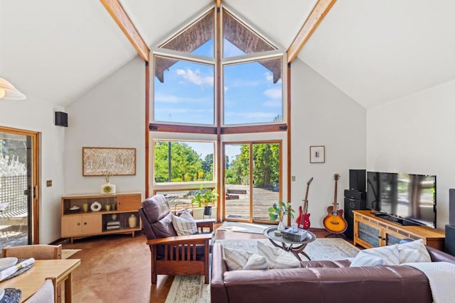 living room featuring beam ceiling and high vaulted ceiling