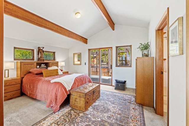 carpeted bedroom with lofted ceiling with beams and access to outside