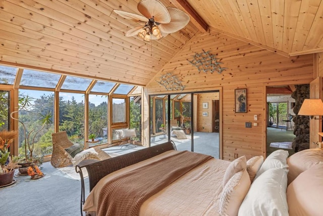 carpeted bedroom with beamed ceiling, wood ceiling, high vaulted ceiling, and wood walls