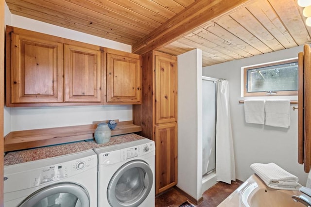 laundry room featuring washer and dryer and wooden ceiling