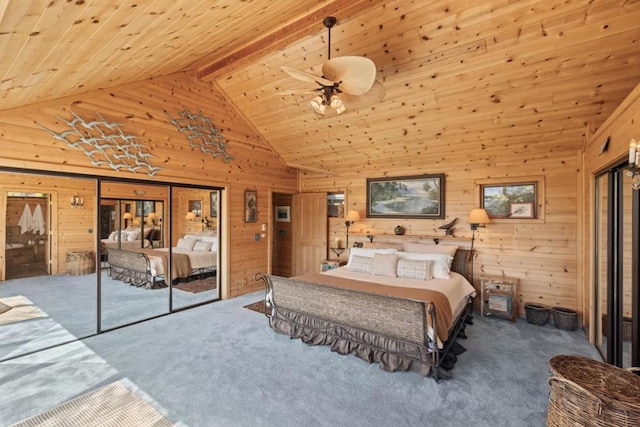 unfurnished bedroom with carpet floors, wooden ceiling, high vaulted ceiling, and wood walls