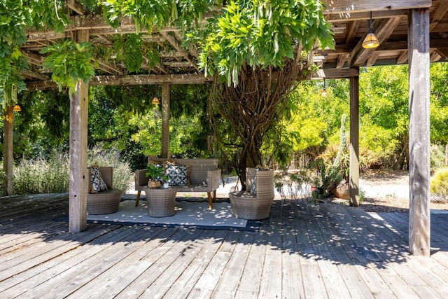 wooden deck featuring an outdoor living space