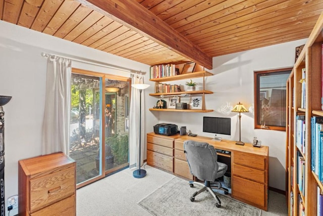 carpeted office space with beamed ceiling and wooden ceiling