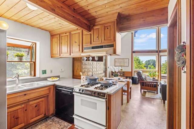 kitchen with beamed ceiling, black dishwasher, sink, gas range gas stove, and wooden ceiling