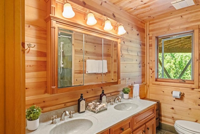 bathroom with vanity, wooden ceiling, toilet, and wood walls