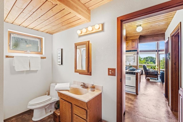 bathroom featuring vanity, toilet, and wooden ceiling