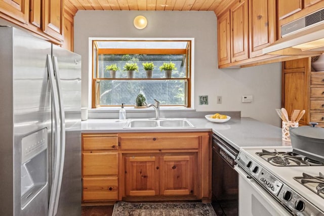 kitchen with sink, stainless steel fridge with ice dispenser, wooden ceiling, white range with gas cooktop, and dishwasher