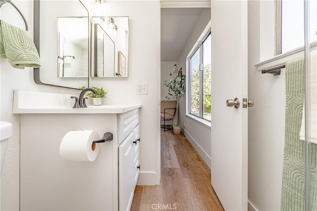 bathroom with hardwood / wood-style floors and vanity