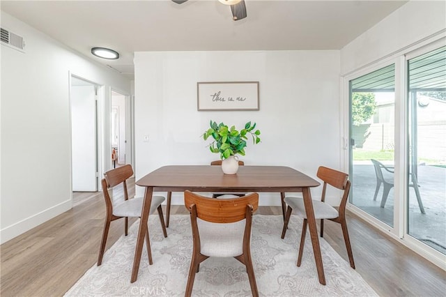 dining room with light hardwood / wood-style flooring and ceiling fan