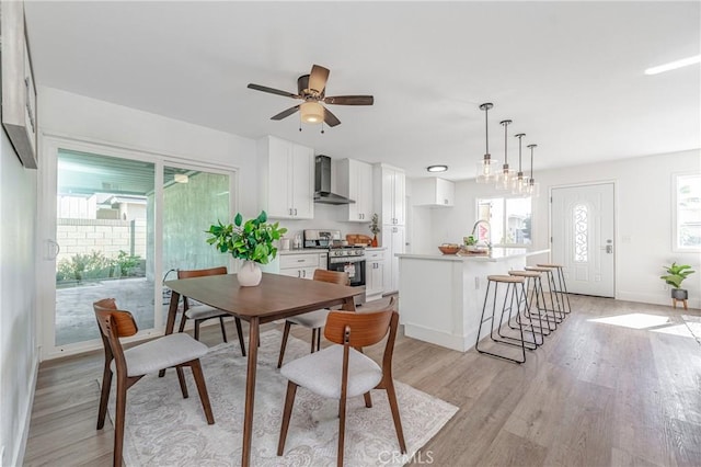 dining space with light hardwood / wood-style flooring and ceiling fan