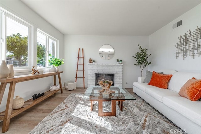 living room with hardwood / wood-style flooring and a fireplace