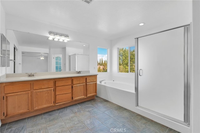 bathroom featuring vanity and separate shower and tub