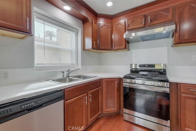 kitchen featuring appliances with stainless steel finishes, light hardwood / wood-style flooring, and sink