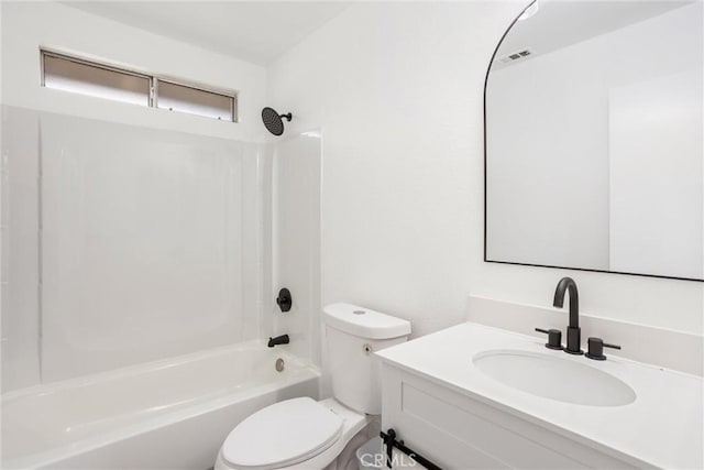 full bathroom featuring bathtub / shower combination, vanity, and toilet