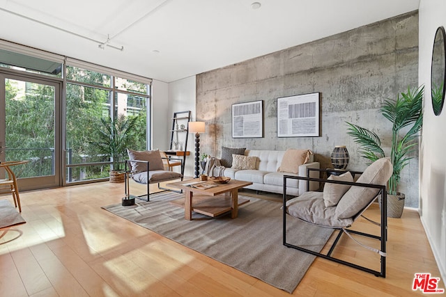 living room with a wall of windows and light wood-type flooring