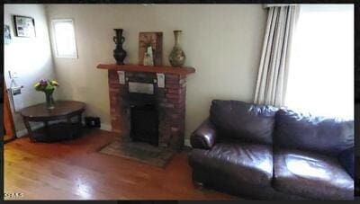 living room featuring a fireplace, hardwood / wood-style floors, and plenty of natural light