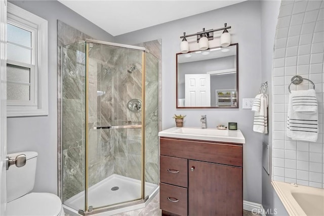 full bathroom with vanity, toilet, and independent shower and bath