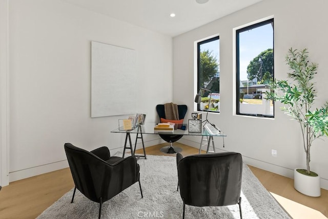 home office with hardwood / wood-style flooring