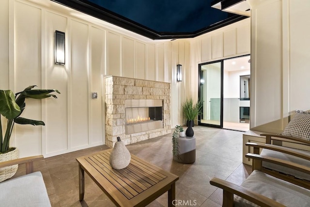 view of patio / terrace with a stone fireplace