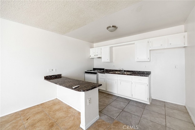 kitchen featuring white cabinetry, white stove, sink, and kitchen peninsula