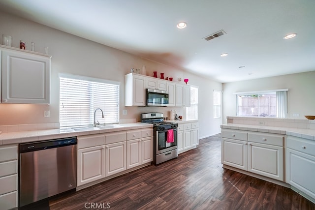 kitchen with appliances with stainless steel finishes, white cabinetry, plenty of natural light, and sink