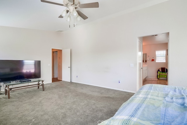 carpeted bedroom with ceiling fan